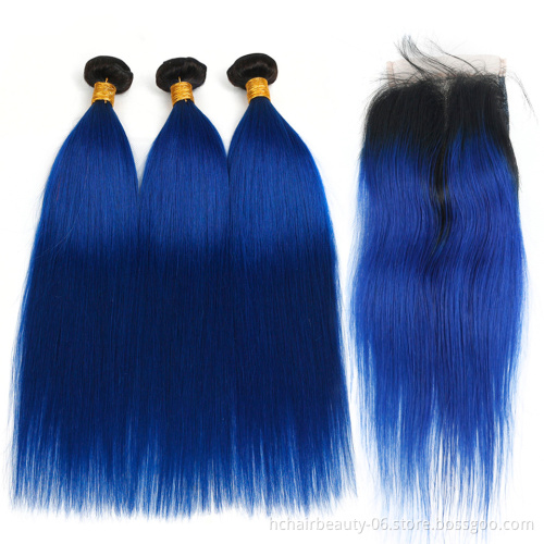 Pre-Colored 2 Tone Blue Brazilian Hair Weave Bundles Straight Ombre 3 Bundles T1B/Blue Dark Roots Human Hair Extensions Remy